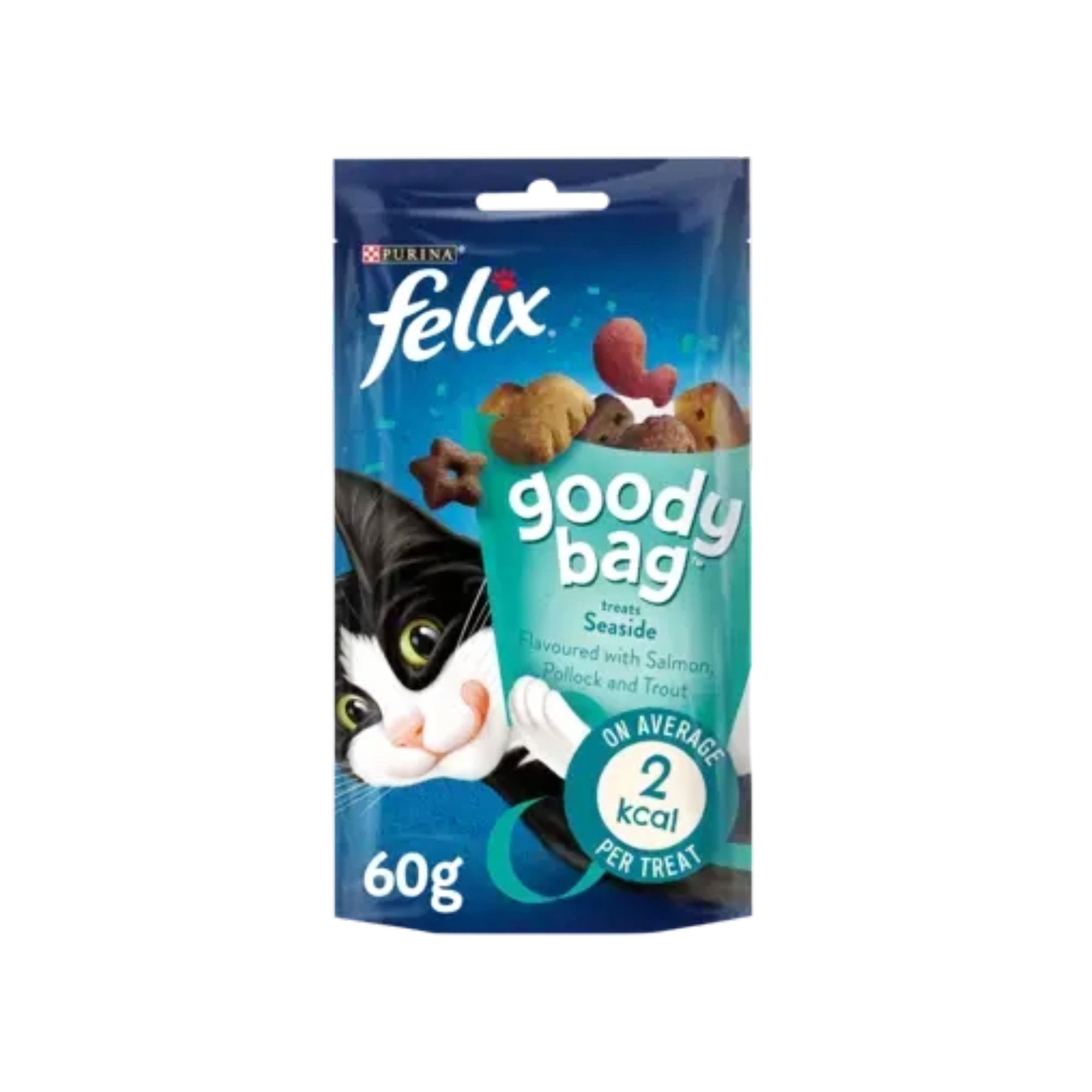 felix-goody-bag-seaside-cat-treat-mini-pets-world FELIX Goody Bag Seaside Mix Cat Treats packaging with colourful seafood-flavoured treats.