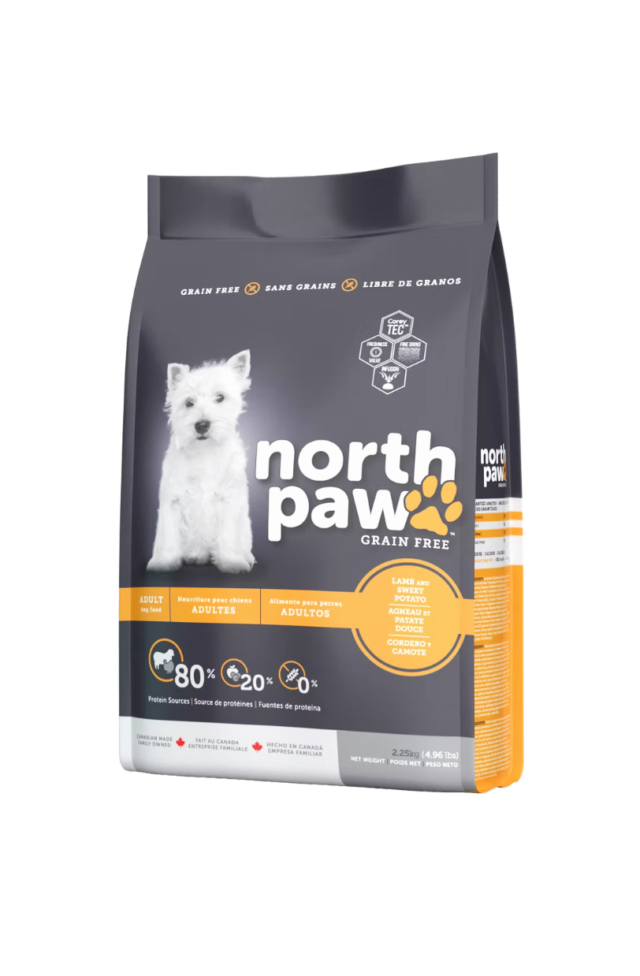 North Paw Grain Free Lamb and Sweet Potato Adult Dog Food – premium chicken-free dry dog food with omega-3, antioxidants, and high protein for healthy adult dogs
